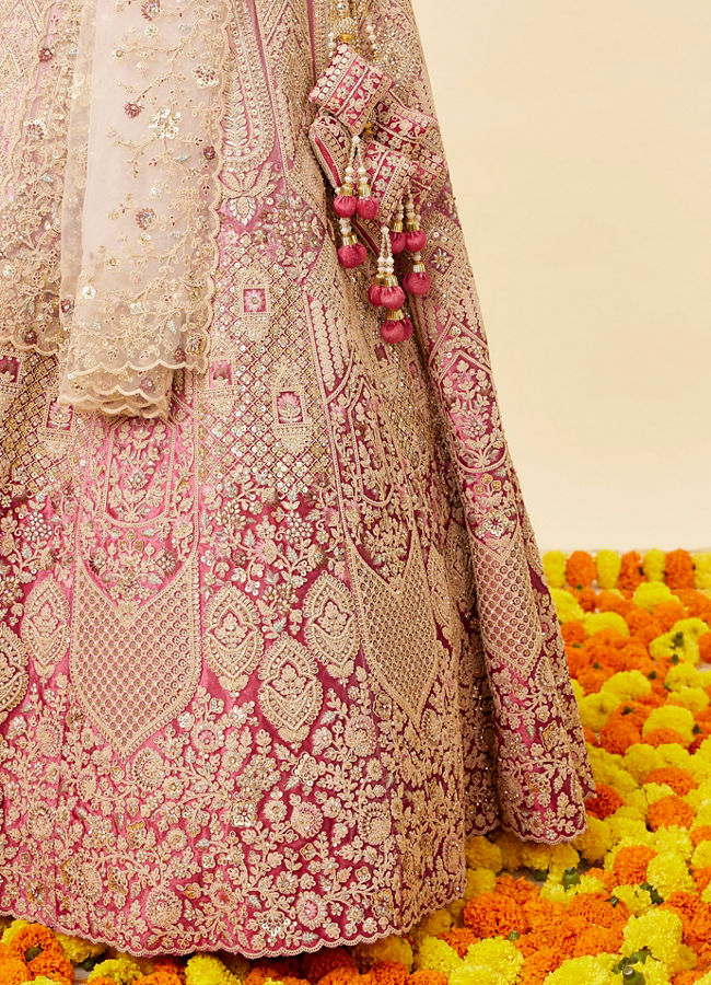 Coral Pink Bel Buti Embroidered Bridal Lehenga image number 4